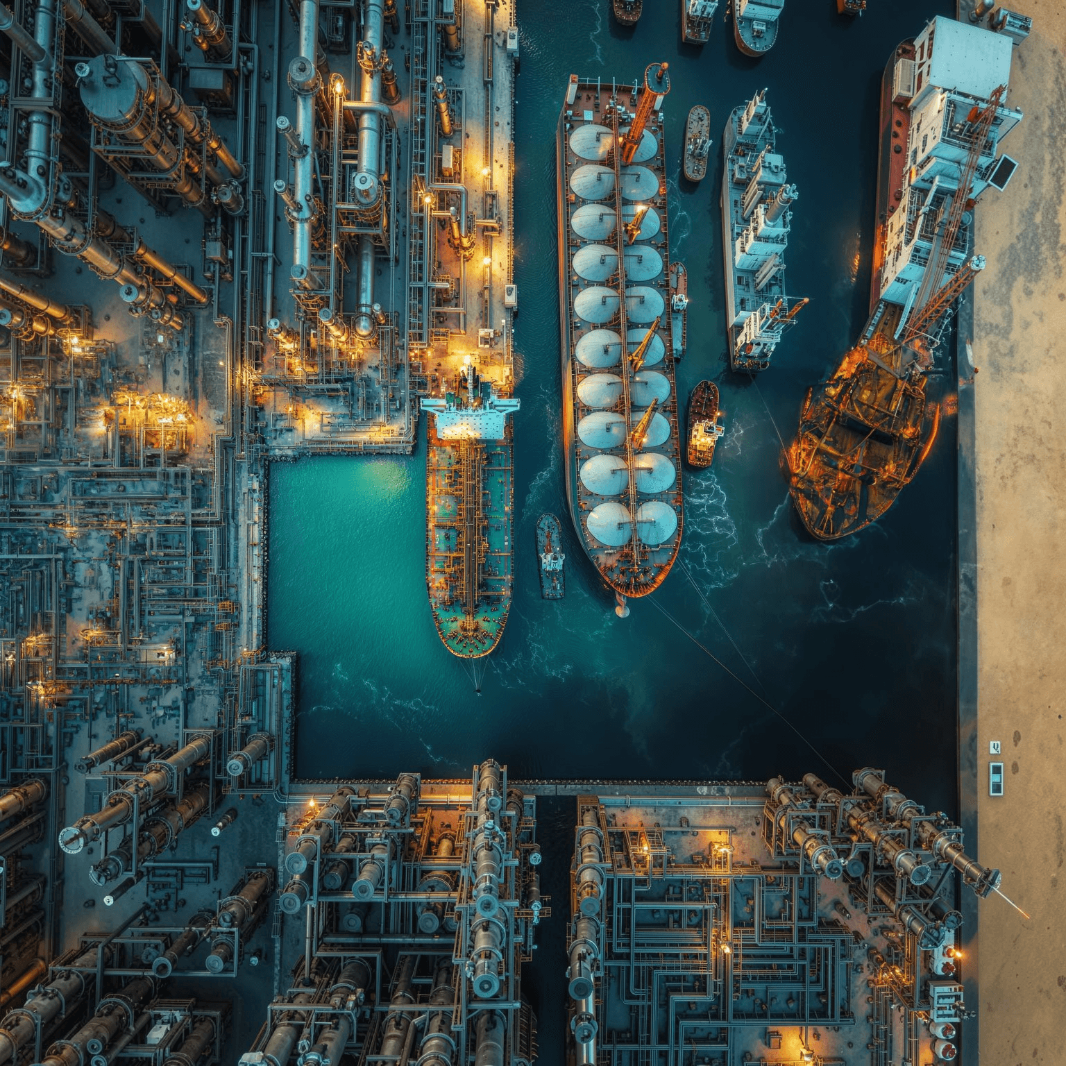 Aerial view of tankers docked at a fuel terminal, part of Tycoon Trading's supply network